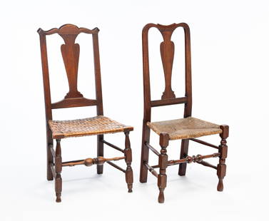 TWO AMERICAN QUEEN ANNE SIDE CHAIRS.: American, 18th Century. Maple and mixed woods. One with shaped lobed crest, block and spool legs, boldly turned front stretcher and splint seat, 16.5" seat ht. 40"h. The second with shaped crest, bloc