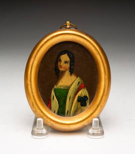 MINIATURE PORTRAIT OF A YOUNG GIRL.: American, 19th Century. Oil on board. Oval portrait with fine detail of young girl with ring curls, wearing a green dress and a white blouse with blue bow. In a gold painted frame, 4.5"h. 3.25"w.