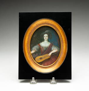 MINIATURE PORTRAIT OF A LADY WITH INSTRUMENT.: European, 19th Century. Gouache on natural material. Seated woman in a ruffled dress with red sash holing a stringed instrument on her lap. In painted black frame with gilt liner behind glass, 7.5"h.
