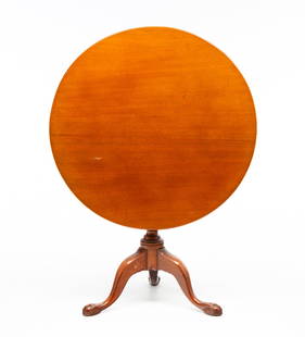 AMERICAN CHIPPENDALE MAHOGANY TILT-TOP TEA TABLE.: American, Late 18th Century. Mahogany. Round top, turned column, snake legs and elongated ball and claw feet. 28.5"h. 34"d.