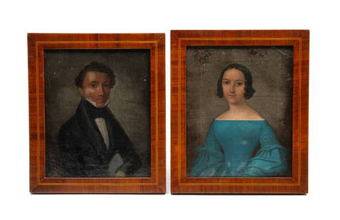 PAIR OF ENGLISH SCHOOL FOLK ART OIL ON CANVAS PORTRAITS OF HUSBAND AND WIFE.: English, Early 19th Century. Oil on canvas. Woman in off the shoulder blue dress with lace trim and puffy sleeves. Man in a white shirt, black tie and jacket. Both with gray background. In veneered fr