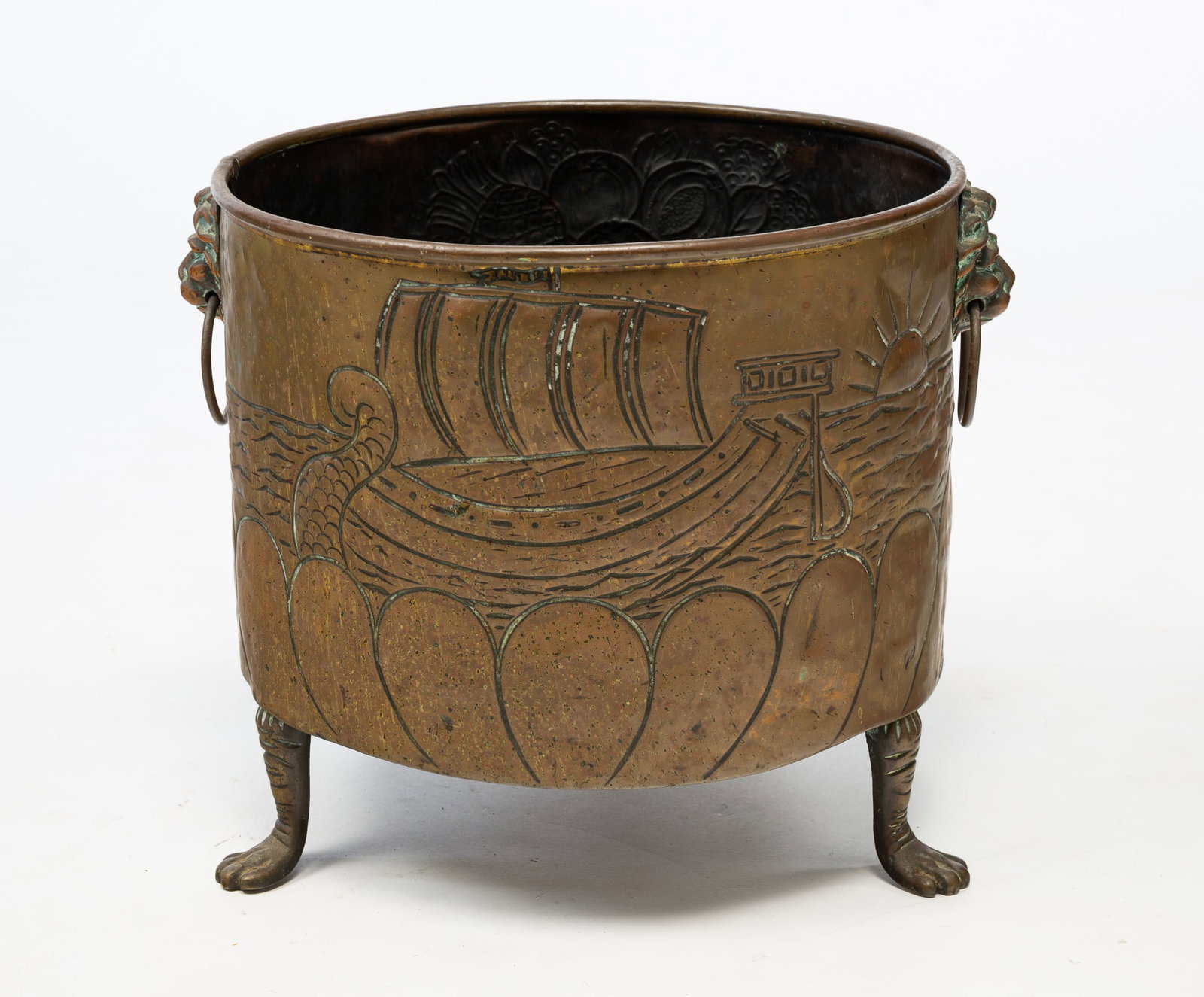 EUROPEAN TOOLED BRASS JARDINIERE WITH VIKING SHIP. (1 of 5)