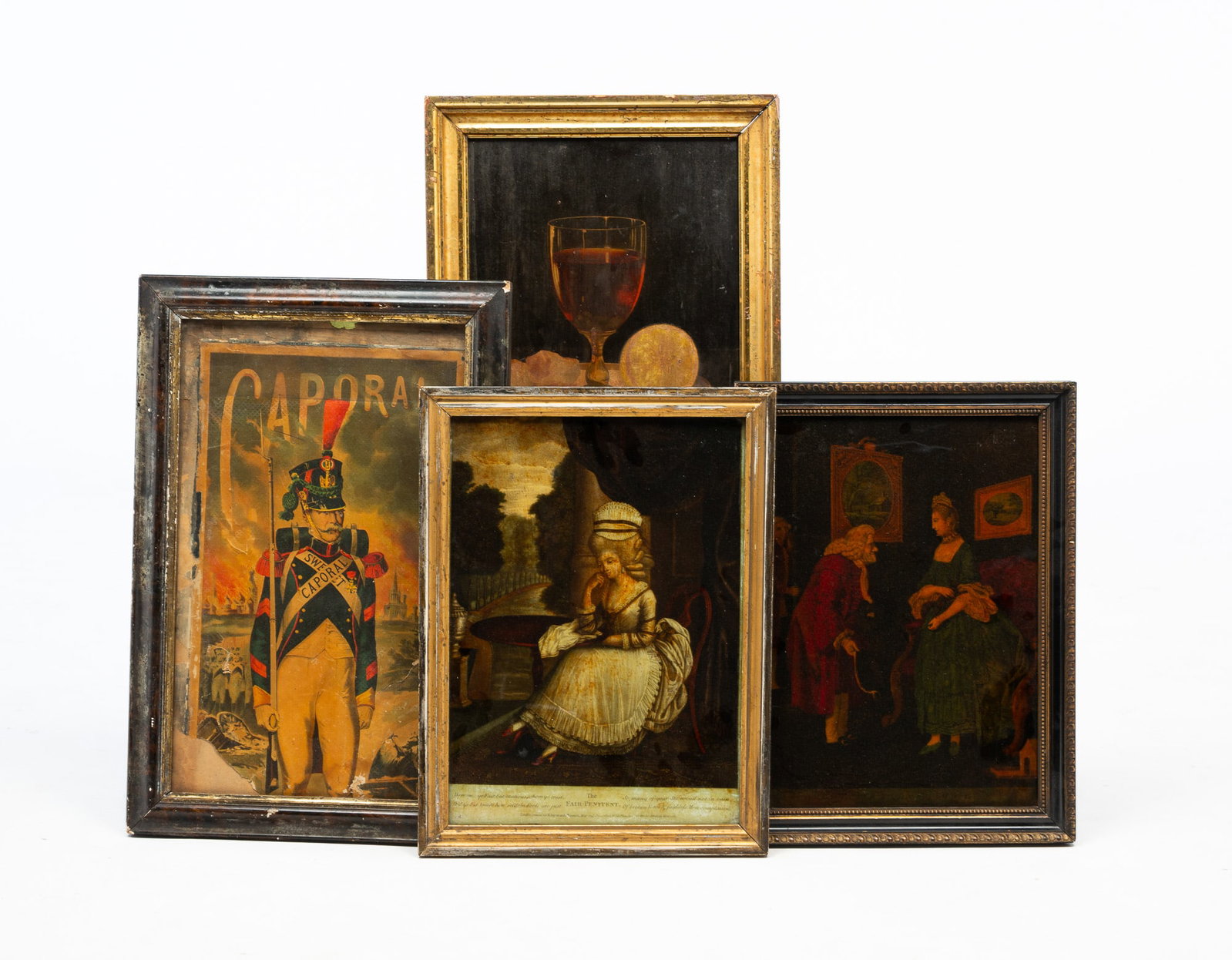 FOUR FRAMED PRINTS.: American and English, 19th Century. Two are Georgian reverse prints on glass. "The Fair Penitent", printed for R. Sayer and Bennett, London, 1781 showing in deep thought seated at a tea table with a g