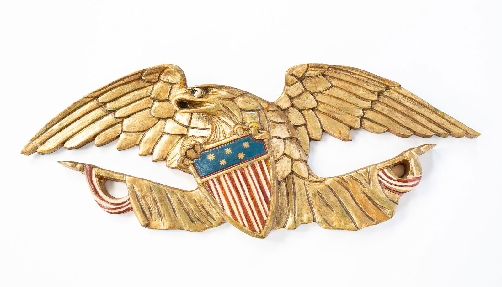 AMERICAN CARVED, PAINTED, AND GILTWOOD PATRIOTIC EAGLE WALL PLAQUE. (1 of 4)