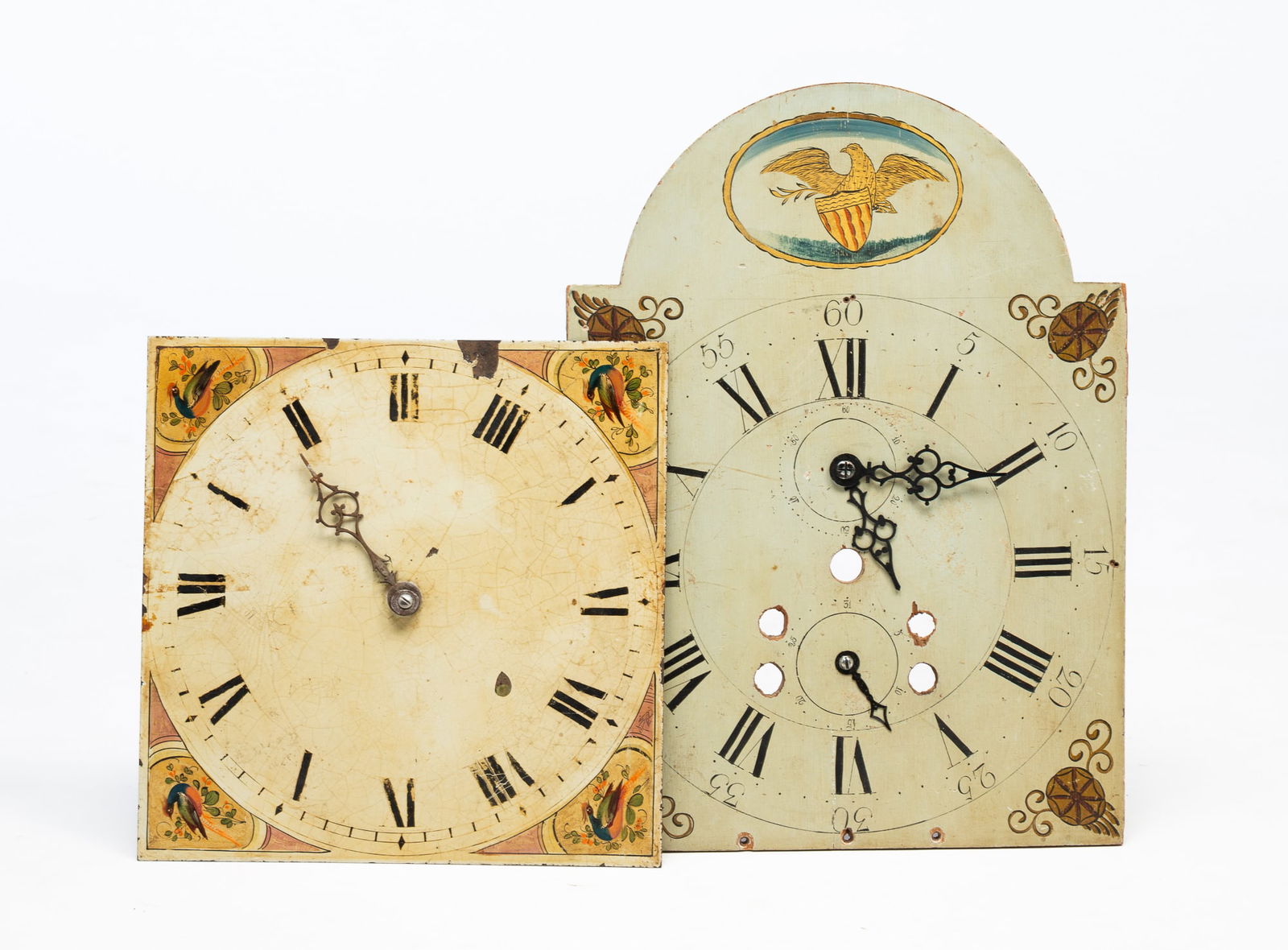 TWO PAINT-DECORATED CLOCK DIALS, INCL. SPREAD-WINGED EAGLE EXAMPLE. (1 of 4)