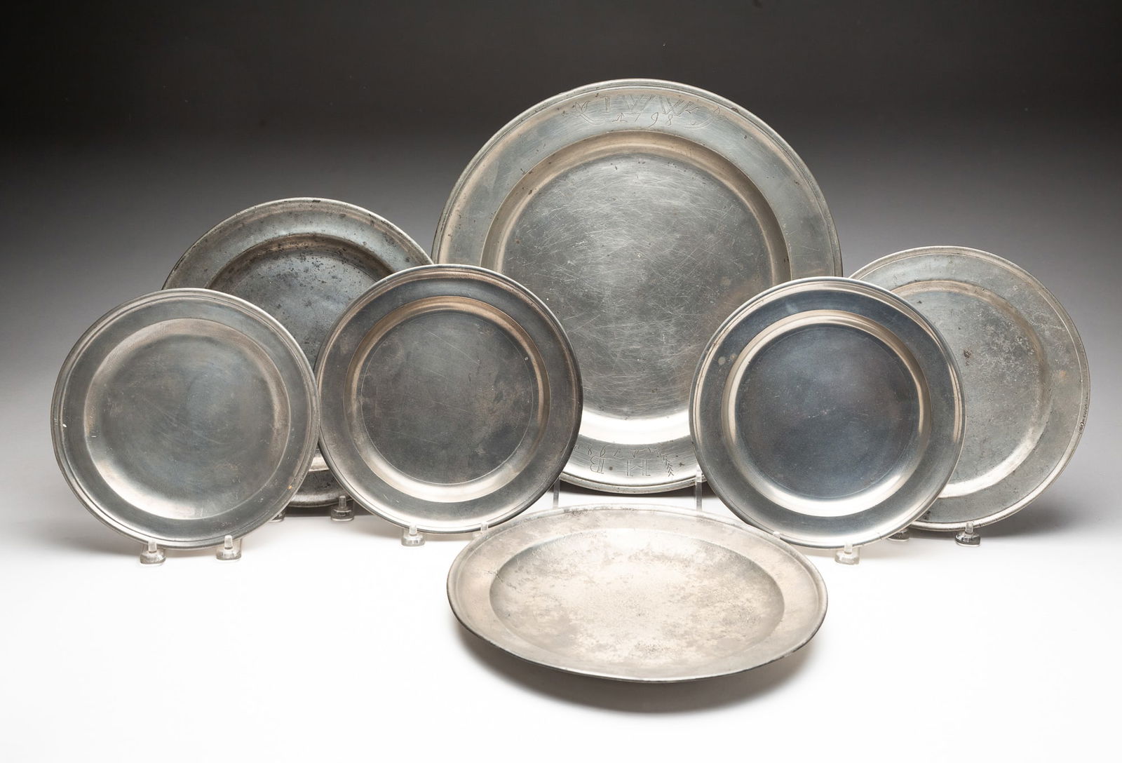 SEVEN PEWTER PLATES, INCL. LEONARD, REED, & BARTON. (1 of 7)