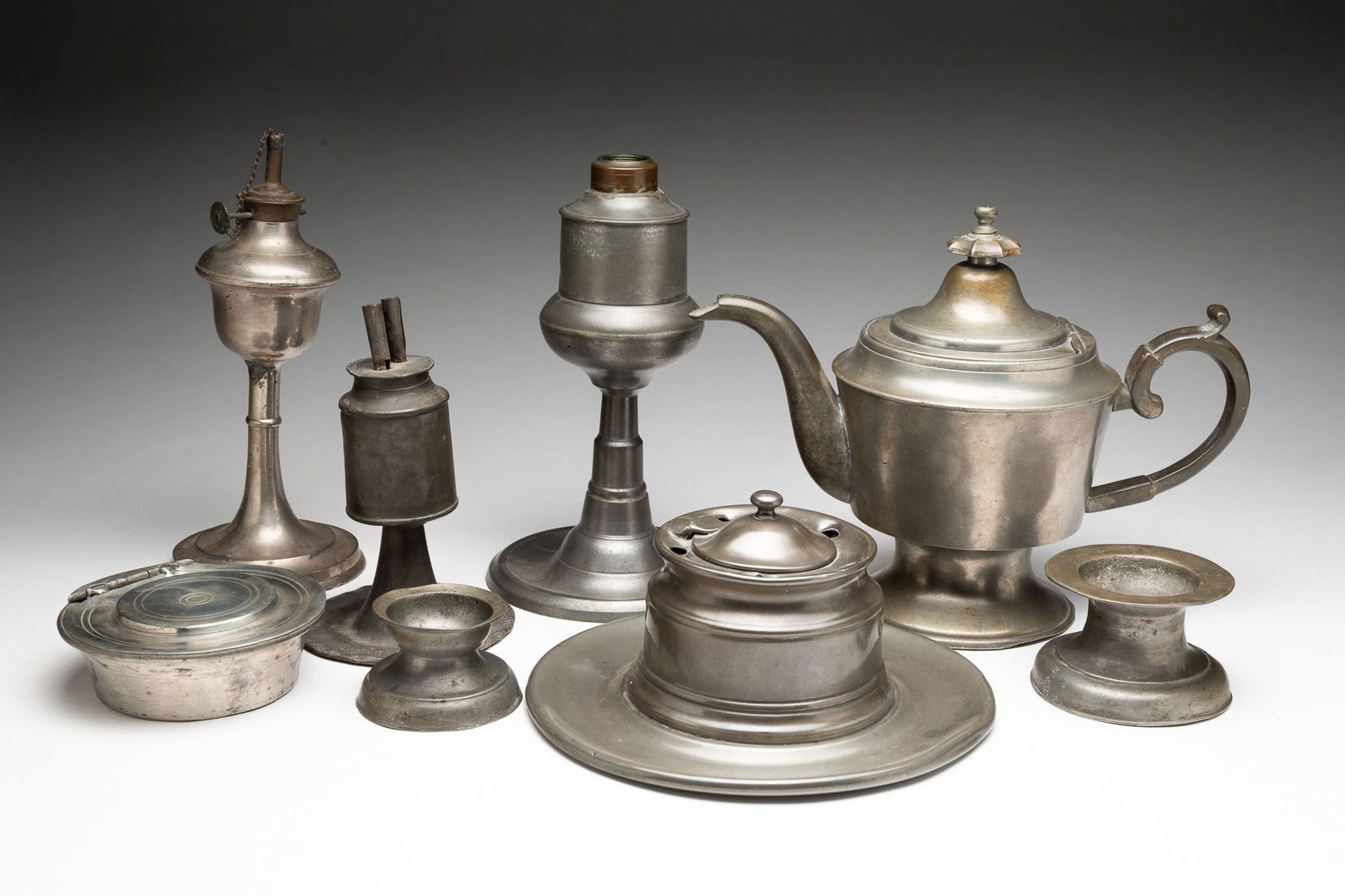 EIGHT PEWTER ITEMS, INCL. GEORGE RICHARDSON (BOSTON AND CRANSTON, RHODE ISLAND, ACTIVE CA. 1830) TEA (1 of 5)