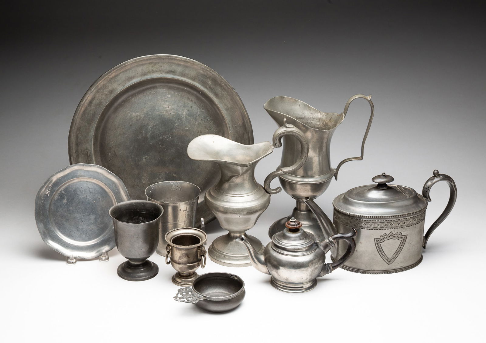 ASSEMBLED GROUP OF PEWTER AND SILVER PLATE, INCL. L. HITCHCOCK. (1 of 10)