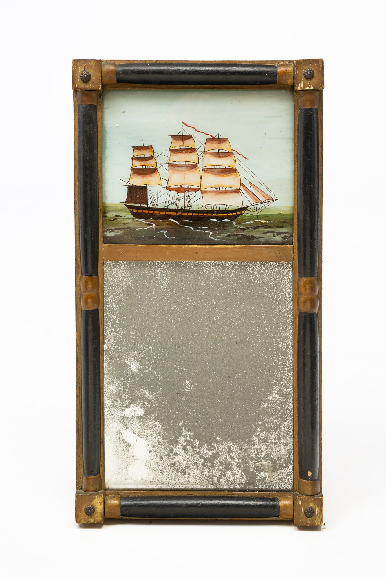 AMERICAN EMPIRE EBONIZED, PARCEL-GILT, AND REVERSE-PAINTED MIRROR WITH THREE-MASTED SHIP. (1 of 6)
