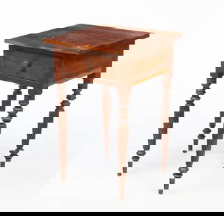 AMERICAN SHERATON CHERRY STAND.: American, 19th Century. Cherry with walnut secondary. Dovetailed drawer with beaded edge and turned and rope turned legs with pencil post ends. 29.25"h. 19.25"w. 19"d.