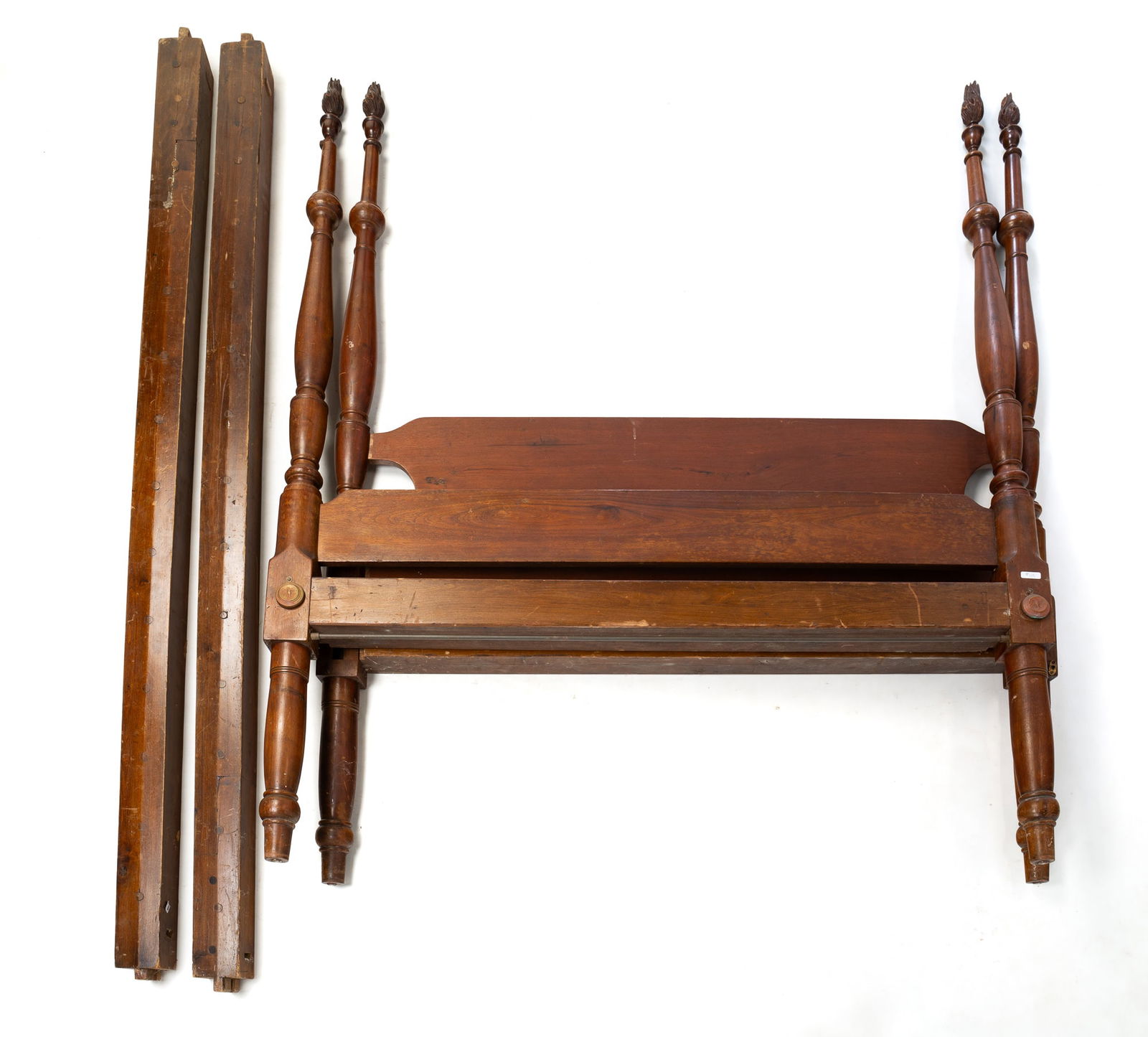 AMERICAN SHERATON WALNUT FOUR-POST BED WITH URN-AND-FLAME FINIALS. (1 of 4)