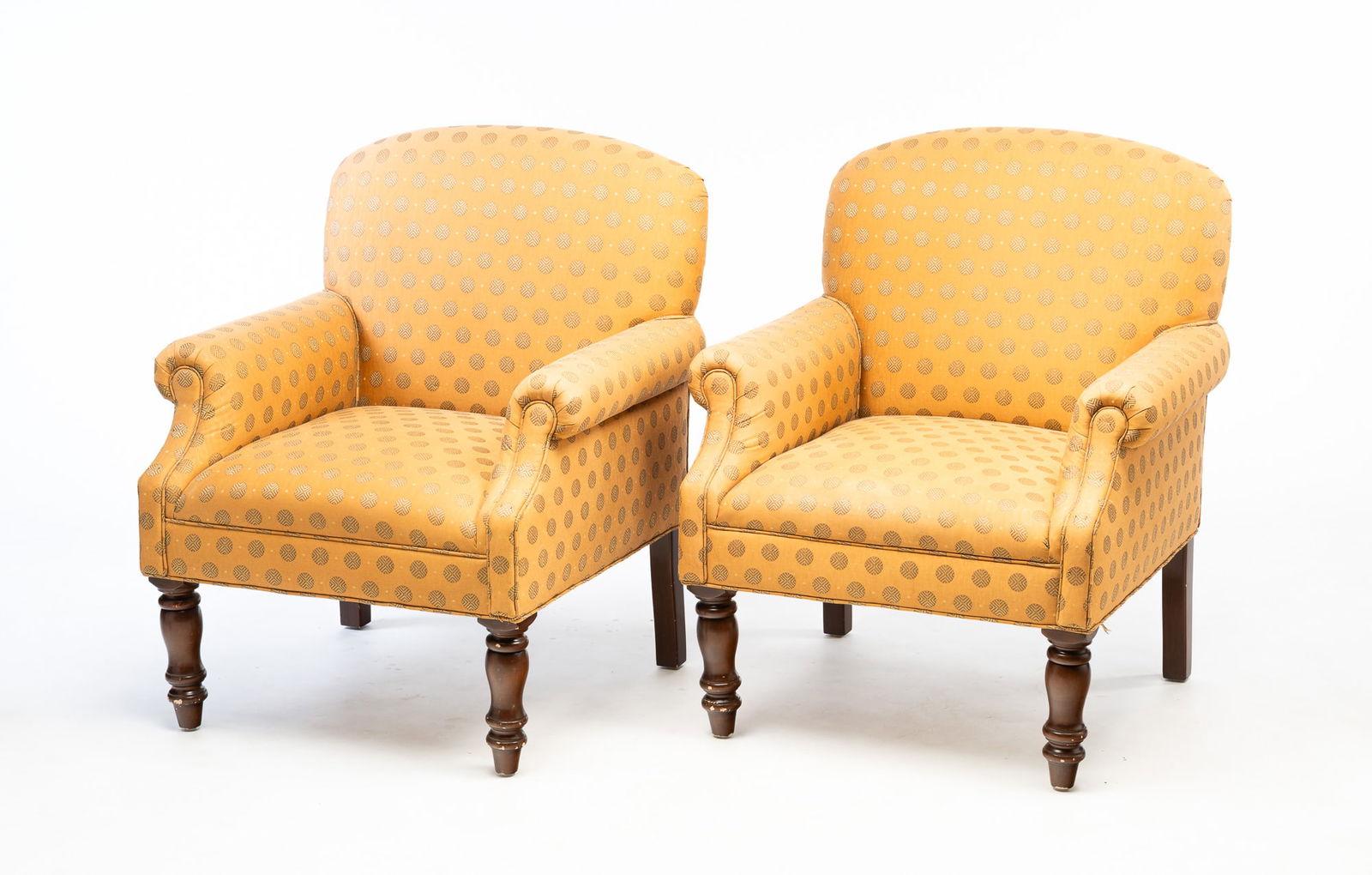 PAIR OF REGENCY STYLE HARDWOOD AND CUSTOM-UPHOLSTERED EASY ARMCHAIRS. (1 of 4)