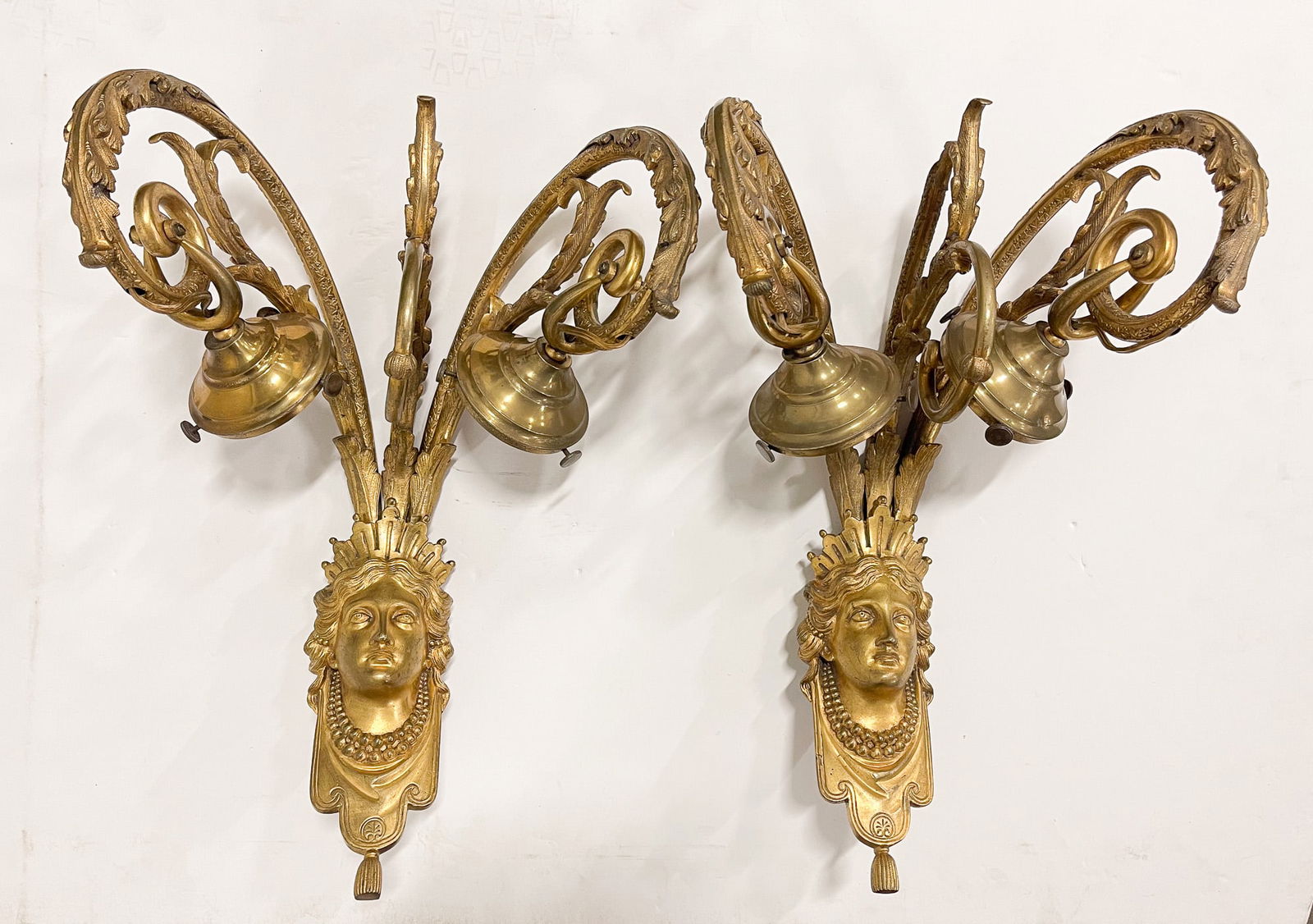 PAIR OF EMPIRE STYLE GILT BRASS ELECTRIC TWO LIGHT WALL SCONCES. (1 of 5)