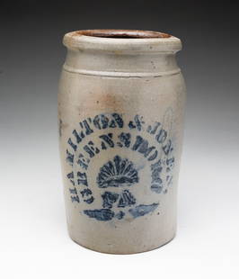 HAMILTON & JONES (GREENSBORO, PENNSYLVANIA) ONE QUART COBALT-DECORATED STONEWARE JAR.: Hamilton & Jones (Greensboro, Pennsylvania), 20th Century. Diminutive cylindrical form with cobalt stencil reading "HAMILTON & JONES GREENSBORO, PA". 8.25"h.