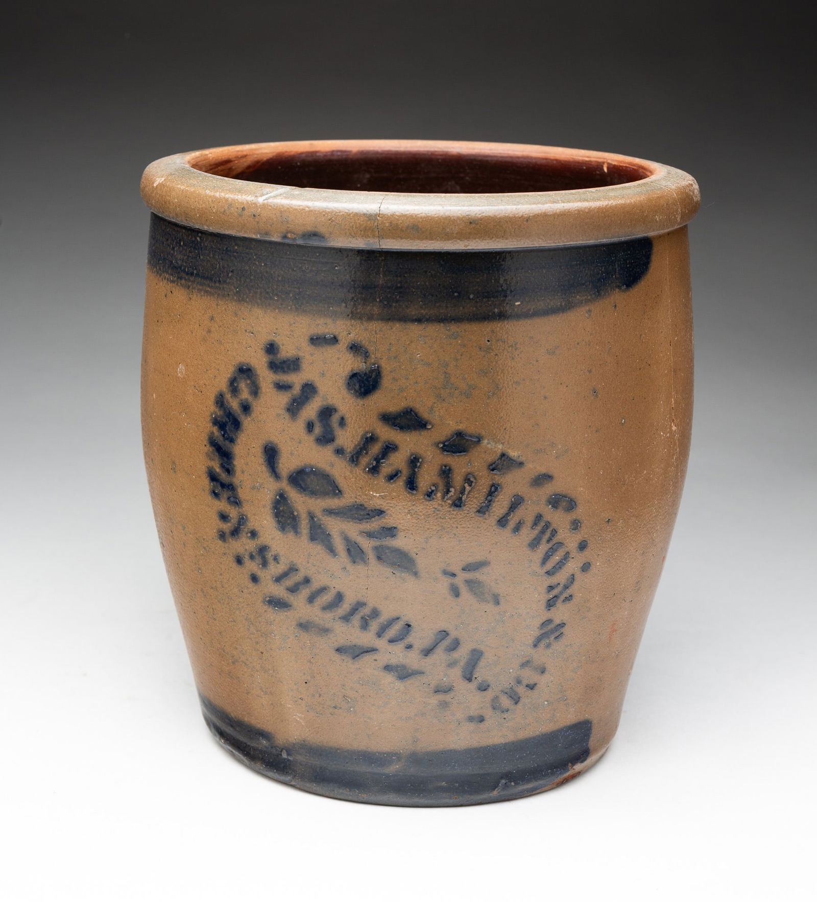 JAS. HAMILTON & CO. (GREENSBORO, PENNSYLVANIA) COBALT-DECORATED STONEWARE CREAM POT.: American (Greensboro, Pennsylvania), 19th Century. Nice cobalt lettering in a stylized form with flourishes and line decoration, and banded line to the top and bottom. 8.25"h