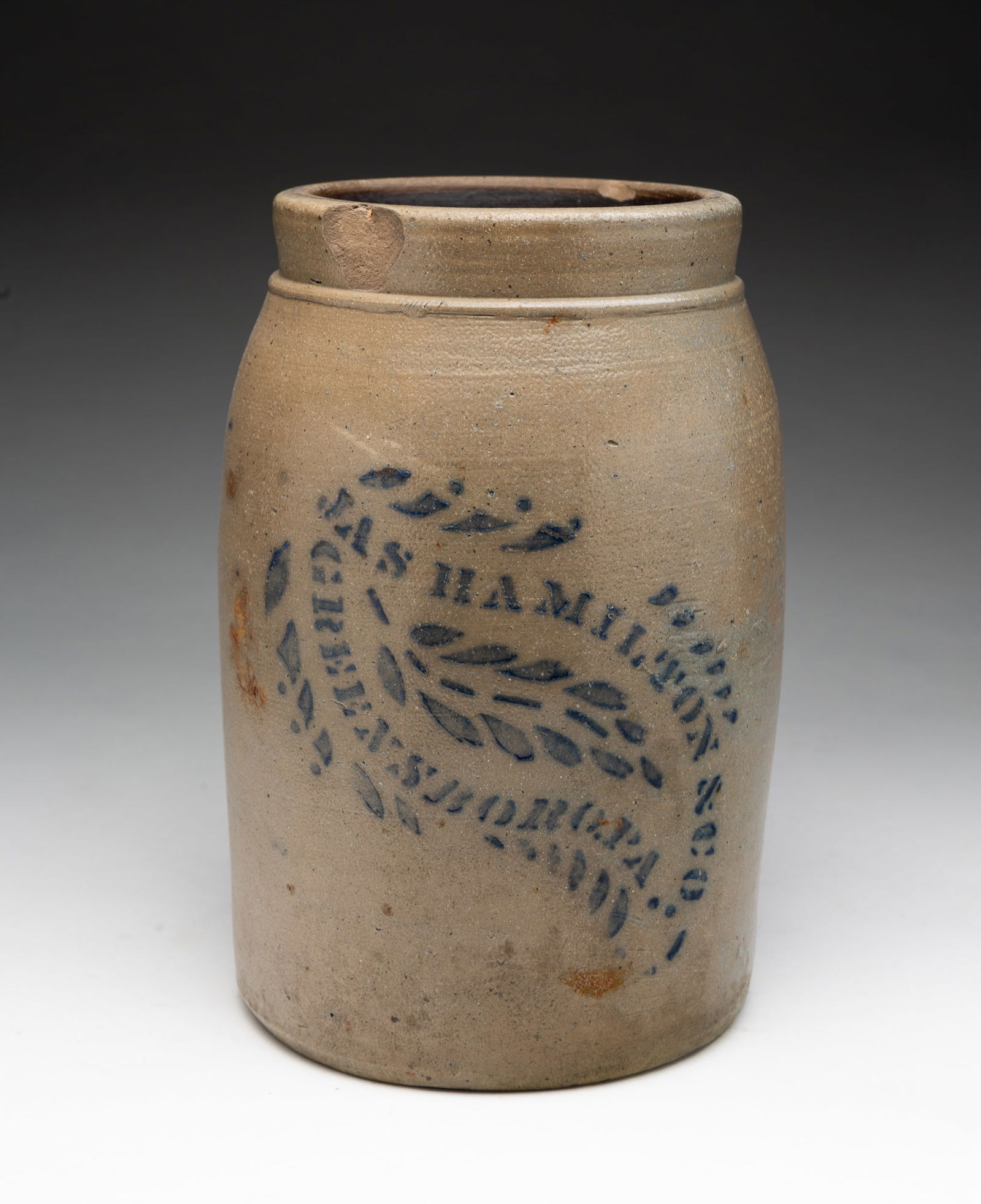 JAS. HAMILTON & CO. (GREENSBORO, PENNSYLVANIA) ONE GALLON COBALT-DECORATED STONEWARE JAR. (1 of 5)