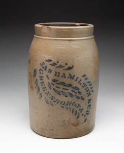 JAS. HAMILTON & CO. (GREENSBORO, PENNSYLVANIA) ONE GALLON COBALT-DECORATED STONEWARE JAR.: Jas. Hamilton & Co. (Greensboro, Pennsylvania), 19th Century. Stylized cobalt lettering with feather accents. 10"h