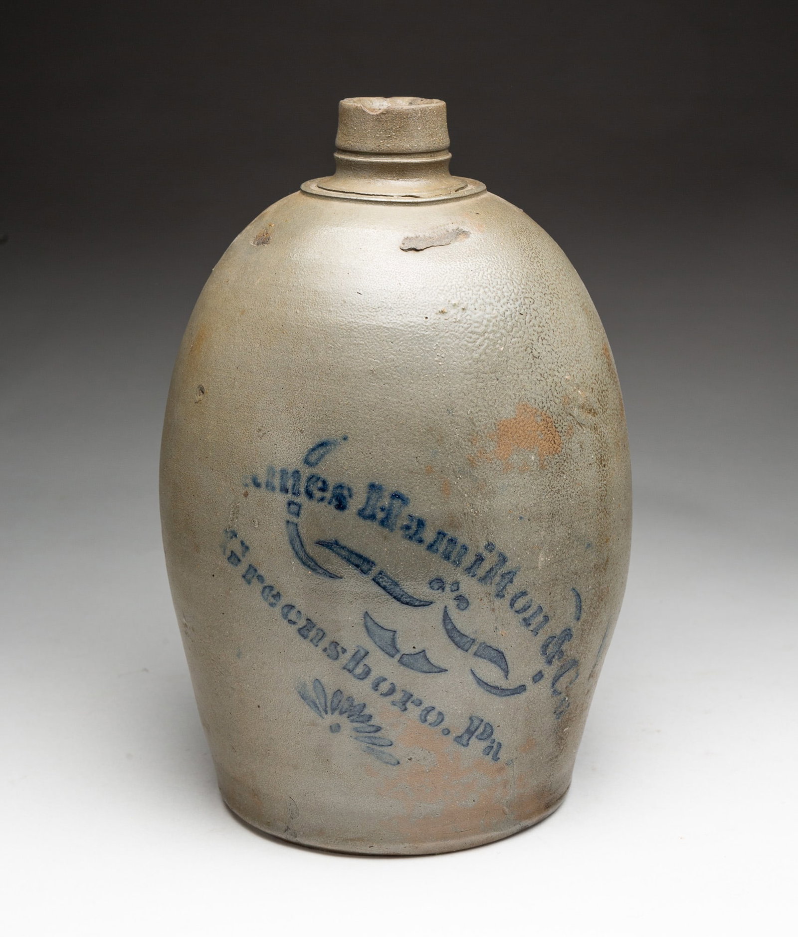 JAMES HAMILTON & CO. (GREENSBORO, PENNSYLVANIA) COBALT-DECORATED STONEWARE JUG. (1 of 5)