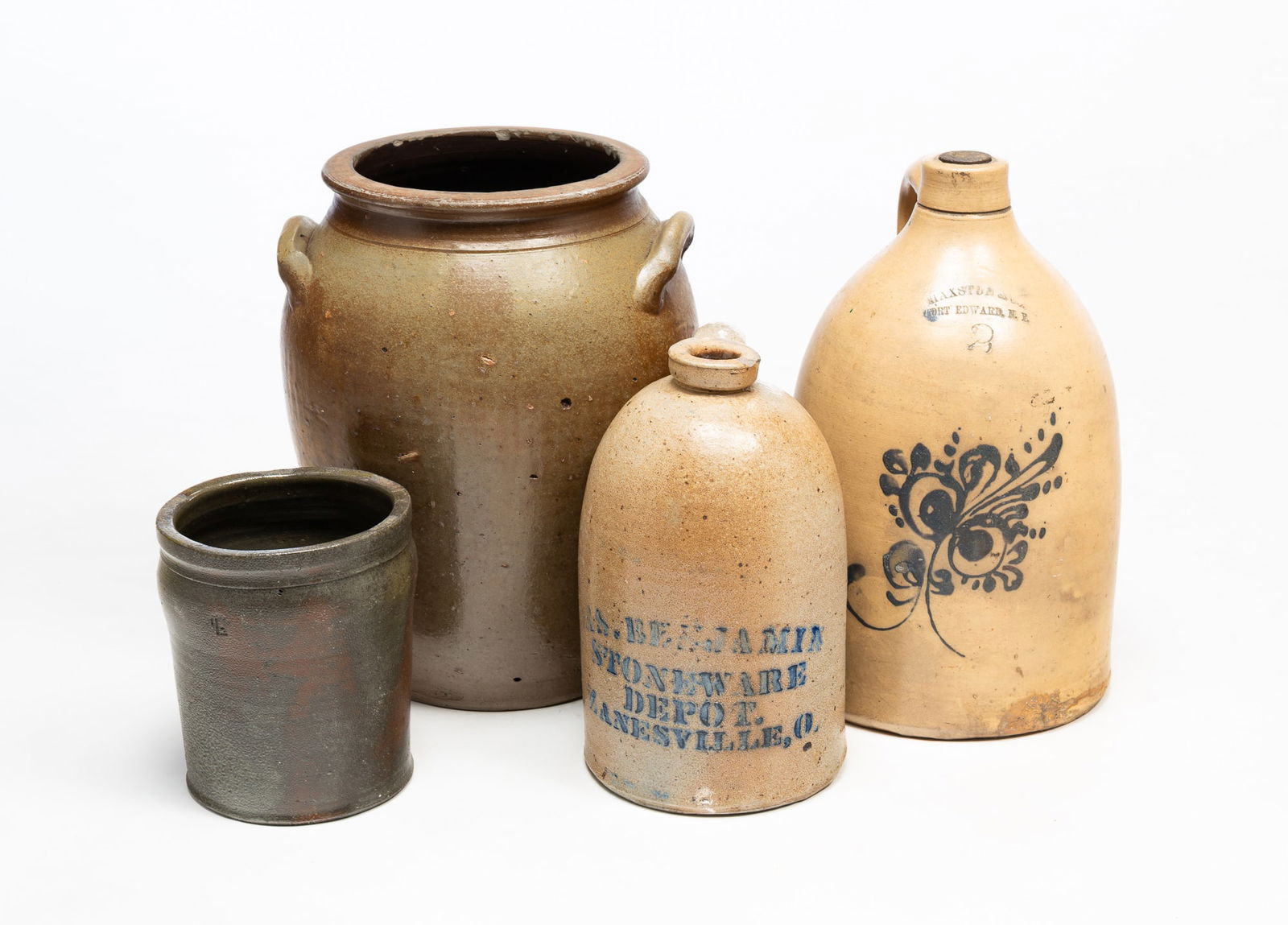 FOUR AMERICAN STONEWARE VESSELS, INCL. HAXSTUN & CO. (FORT EDWARD, NEW YORK) AND JAS BENJAMIN (1 of 6)