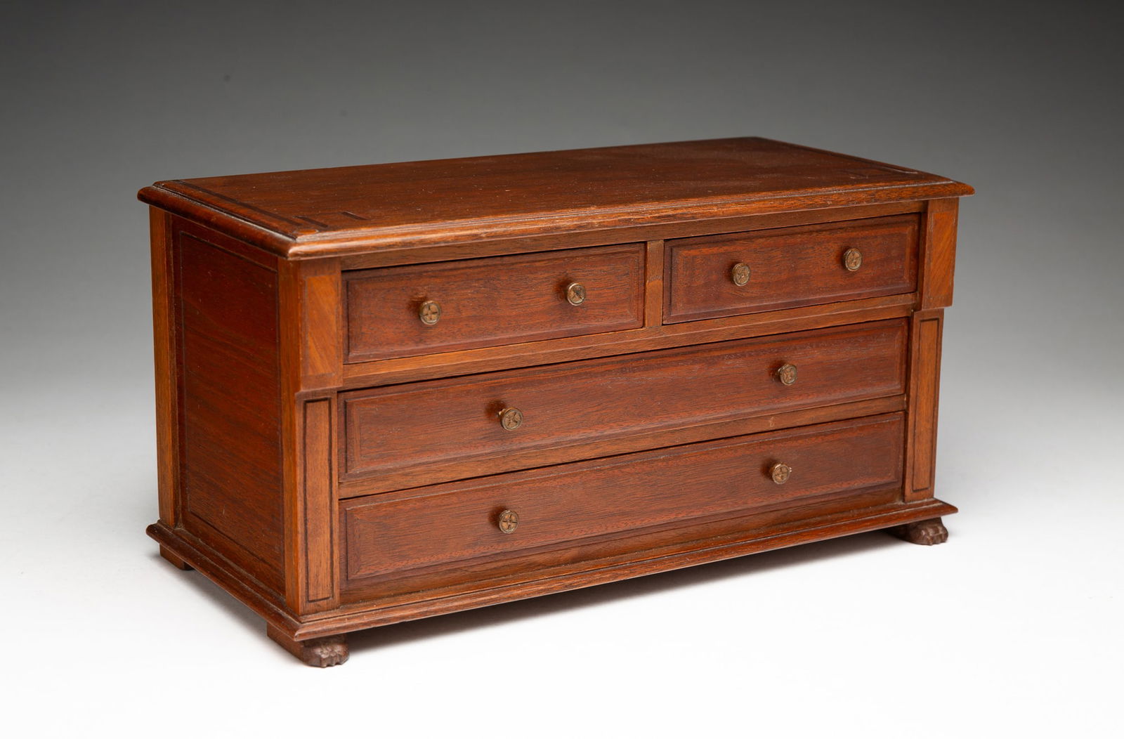 BURN JONES WALNUT MINIATURE FOUR-DRAWER CHEST, DATED 1938. (1 of 8)