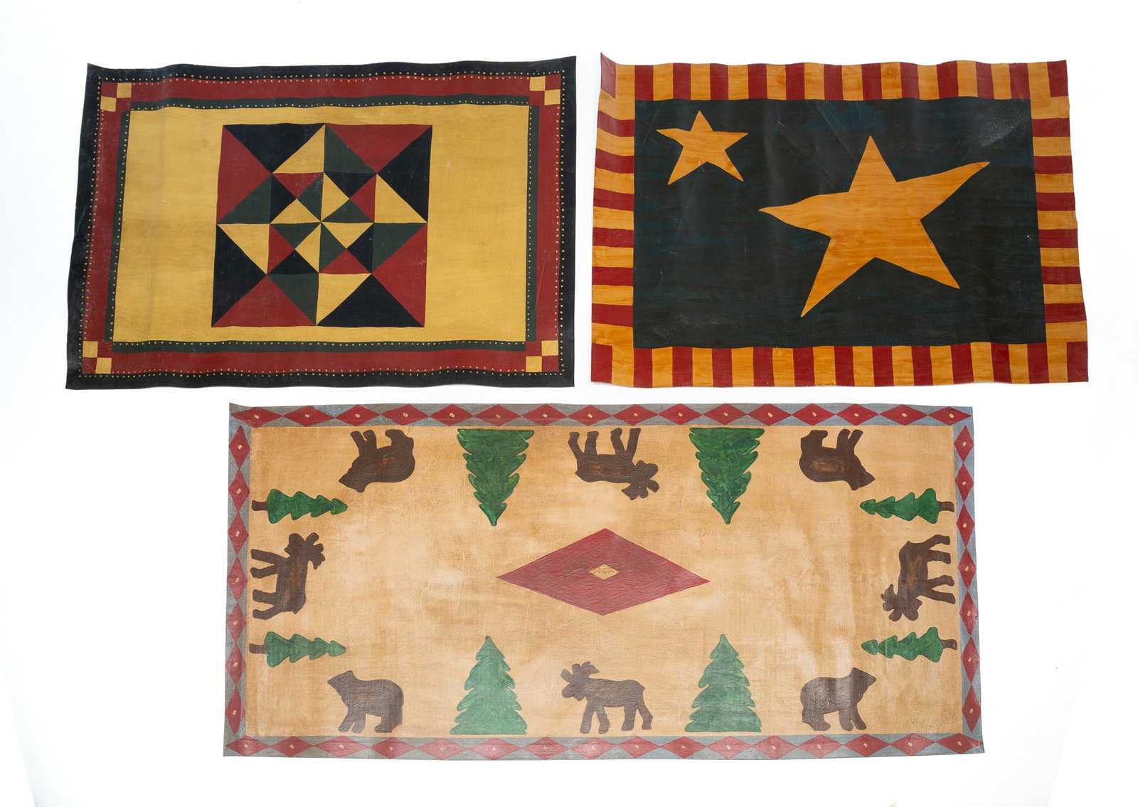 THREE AMERICAN PAINT-DECORATED OIL CLOTH FLOOR COVERINGS. (1 of 8)