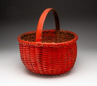 AMERICAN BITTERSWEET-PAINTED SPLINT-WOVEN GATHERING BASKET WITH HANDLE.