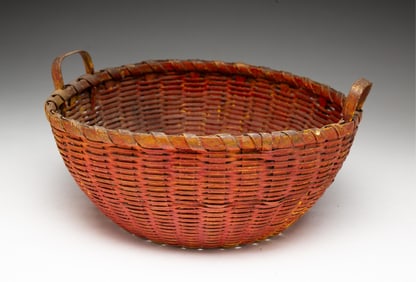 AMERICAN RED-PAINTED SPLINT-WOVEN DOUBLE-HANDLED GATHERING BASKET.
