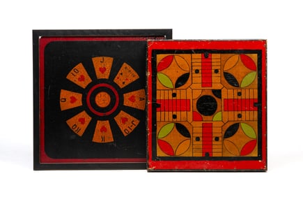 TWO AMERICAN FOLK ART PAINT-DECORATED GAMEBOARDS, INCL. PARCHEESI AND TRIPOLEY.