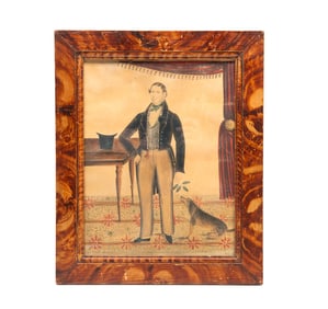 AMERICAN SCHOOL FOLK ART WATERCOLOR ON PAPER PORTRAIT OF A GENTLEMAN WITH HIS DOG.