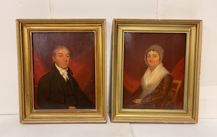 PAIR OF FOLK ART OIL ON BOARD PORTRAITS OF HUSBAND AND WIFE.
