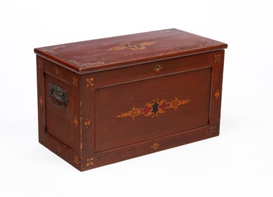 AMERICAN PAINT-DECORATED AND INCISED OAK DIMINUTIVE BLANKET CHEST.