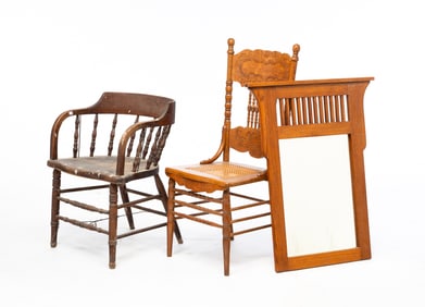 TWO AMERICAN CHAIRS AND WALL MIRROR, INCL. COLONIAL REVIVAL, LATE VICTORIAN, AND ARTS & CRAFTS STYLE