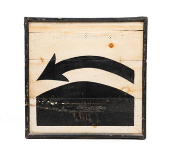 NOVA SCOTIA PAINT-DECORATED PINE HIGHWAY SIGN.: Canadian, 20th Century. Painted wooden sign with an arrow curving over a hump. Faint stenciling "DEPT-OF-HIGHWAYS-N.S.". In a black frame, 24.25" square.