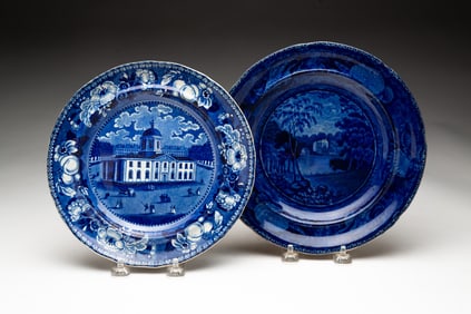TWO HISTORICAL BLUE STAFFORDSHIRE PLATES WITH AMERICAN SCENES, INCL. ENOCH WOOD.