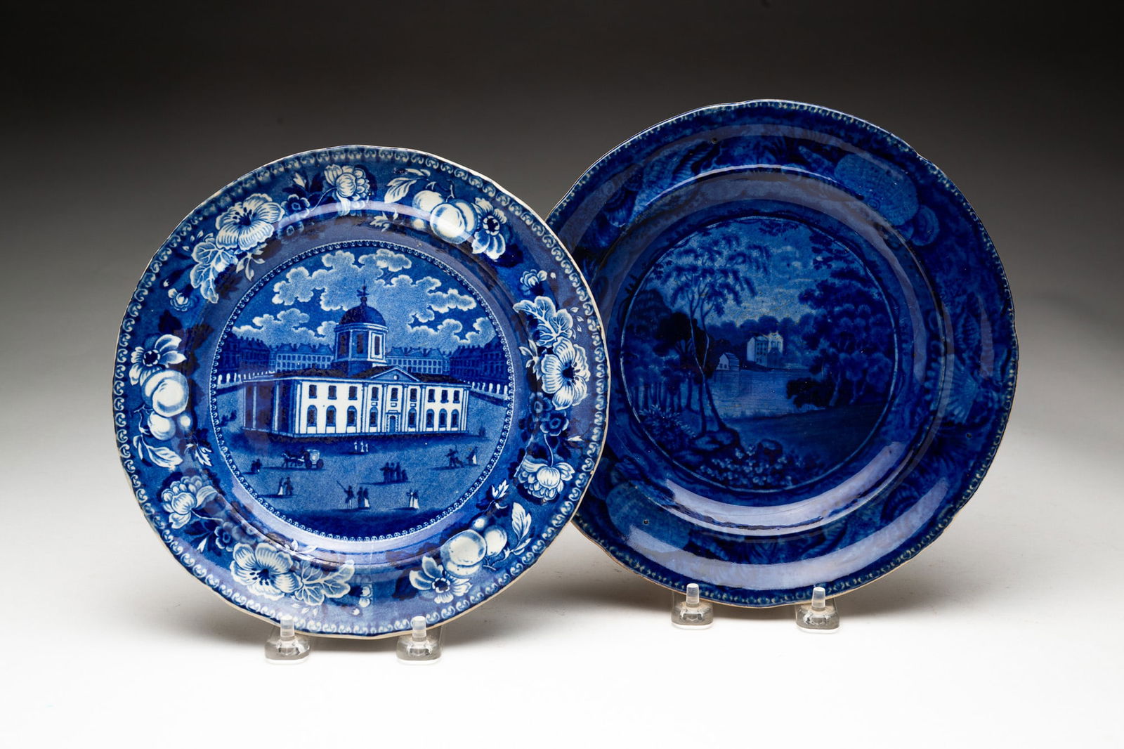 TWO HISTORICAL BLUE STAFFORDSHIRE PLATES WITH AMERICAN SCENES, INCL. ENOCH WOOD. (1 of 6)