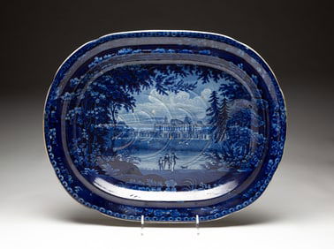LARGE HISTORICAL BLUE STAFFORDSHIRE PLATTER OF BADMINTON HOUSE, GLOUCESTERSHIRE.