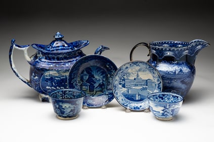 COLLECTION OF HISTORICAL BLUE STAFFORDSHIRE WITH AMERICAN SCENES, INCL. WOOD & SONS.