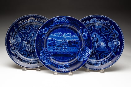 THREE CLEWS HISTORICAL BLUE STAFFORDSHIRE PLATES, INCL. "LANDING OF LAFAYETTE" AND "PEACE AND