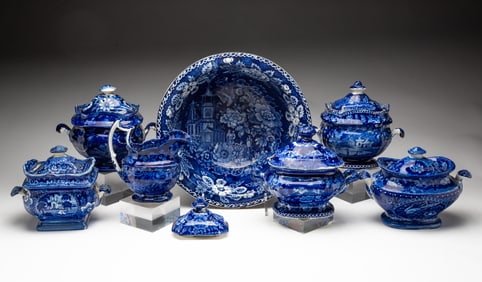 COLLECTION OF HISTORICAL BLUE STAFFORDSHIRE, INCL. FOUR LIDDED SUGAR BOWLS.