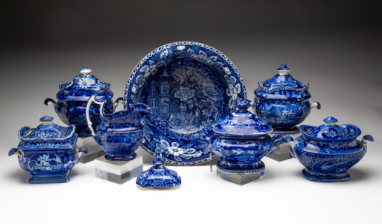 COLLECTION OF HISTORICAL BLUE STAFFORDSHIRE, INCL. FOUR LIDDED SUGAR BOWLS. (1 of 9)