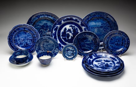 COLLECTION OF HISTORICAL BLUE STAFFORDSHIRE AND FLOW BLUE CHINA, INCL. ADAMS AND CLEWS.