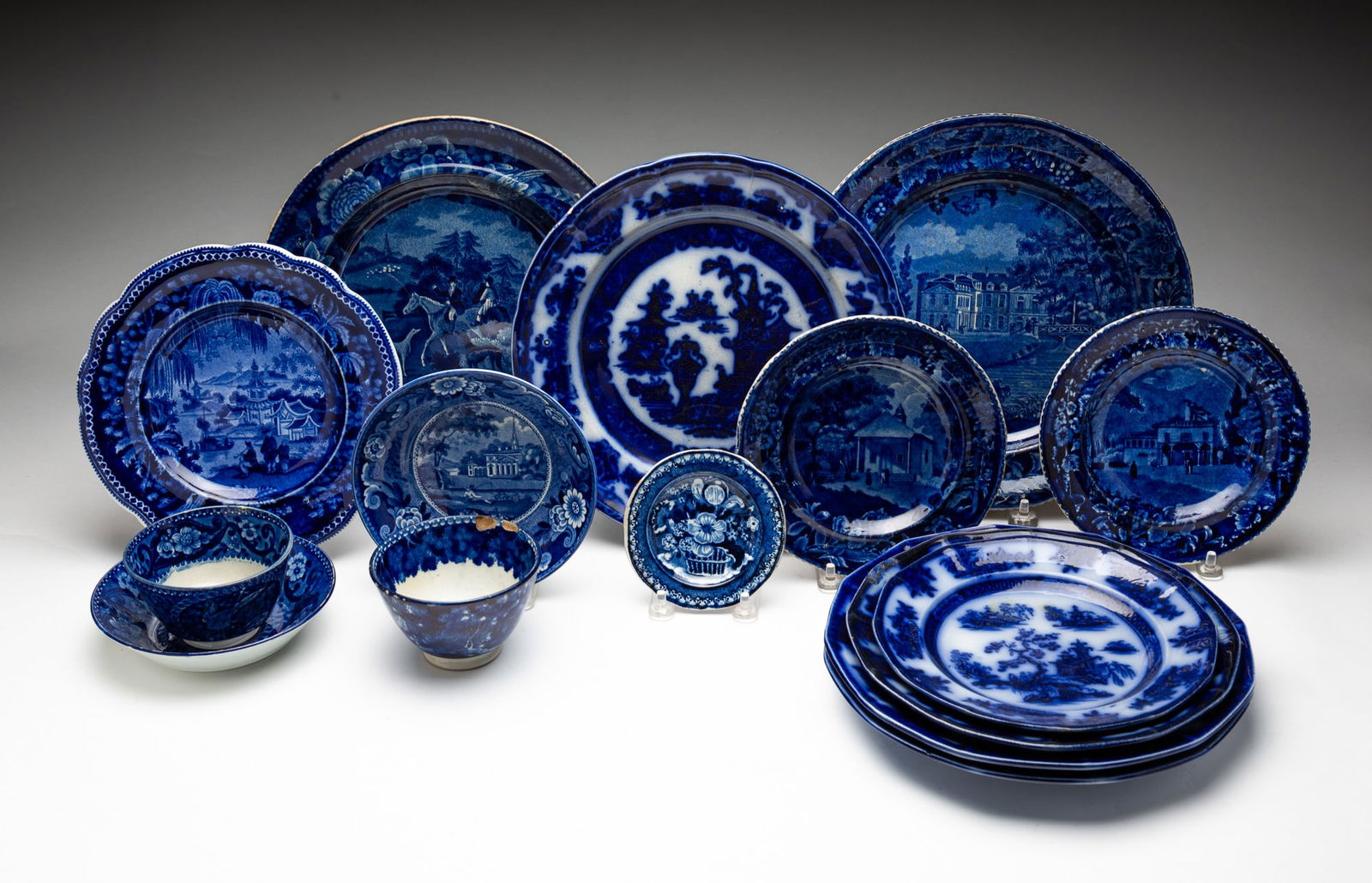 COLLECTION OF HISTORICAL BLUE STAFFORDSHIRE AND FLOW BLUE CHINA, INCL. ADAMS AND CLEWS. (1 of 11)