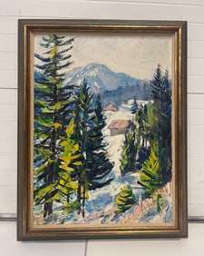 EMERSON BURKHART (OHIO, 1905-1969) OIL ON CANVAS OF MOUNTAINOUS WINTER LANDSCAPE.