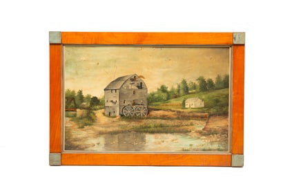 BILLY TYRRELL FOLK ART OIL ON BOARD MILL SCENE.