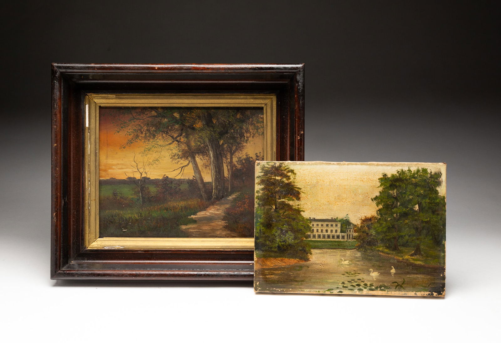 TWO OIL ON CANVAS LANDSCAPES, INCL. POND SCENE WITH SWANS. (1 of 5)