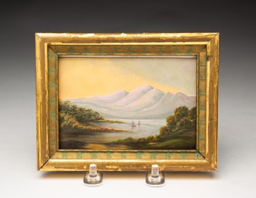 MINIATURE OIL ON PAPER OF MOUTAINOUS LAKESCAPE.