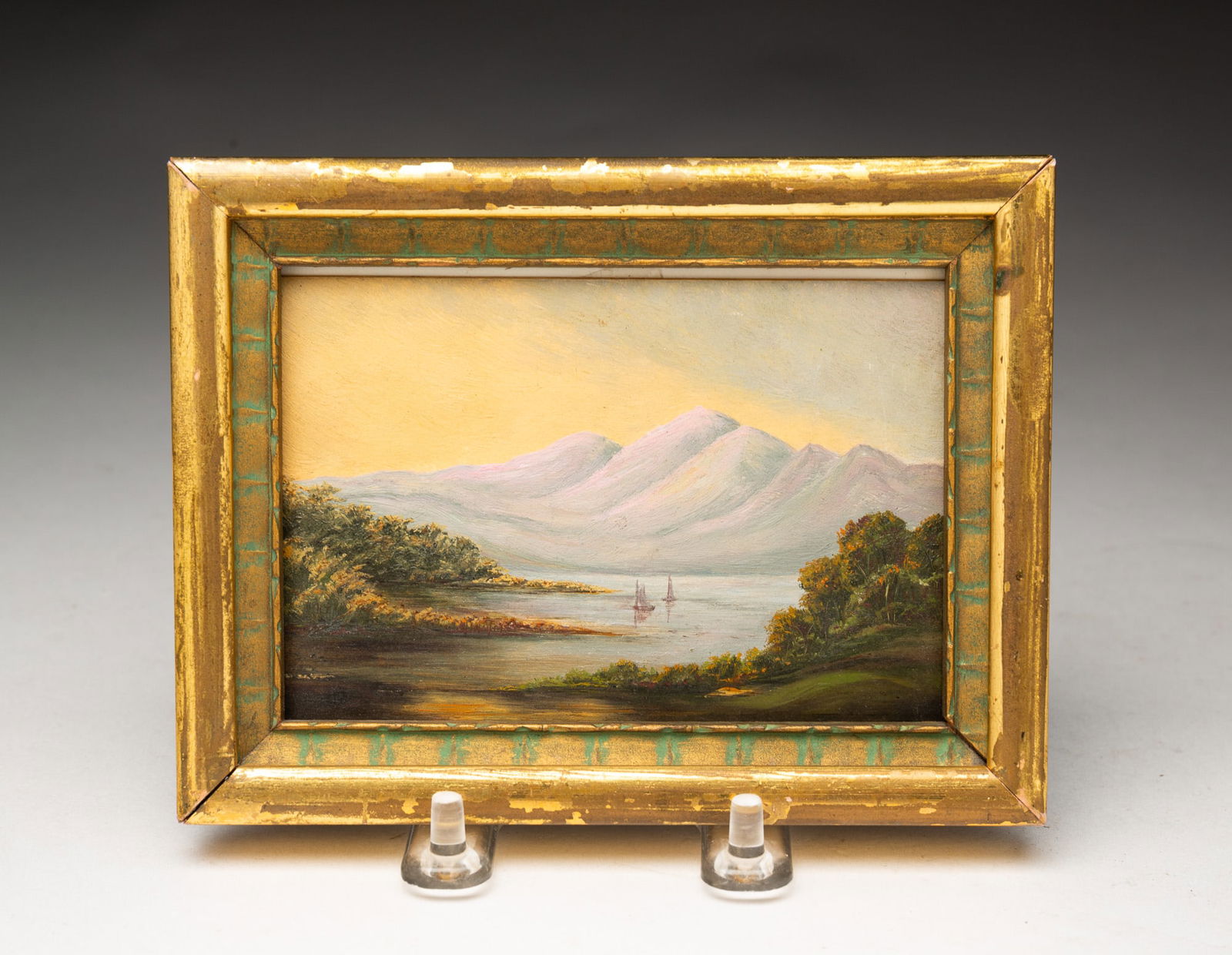 MINIATURE OIL ON PAPER OF MOUTAINOUS LAKESCAPE. (1 of 3)