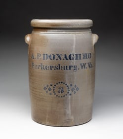A.P. DONAGHHO (PARKERSBURG, WEST VIRGINIA) THREE GALLON COBALT-DECORATED STONEWARE JAR.