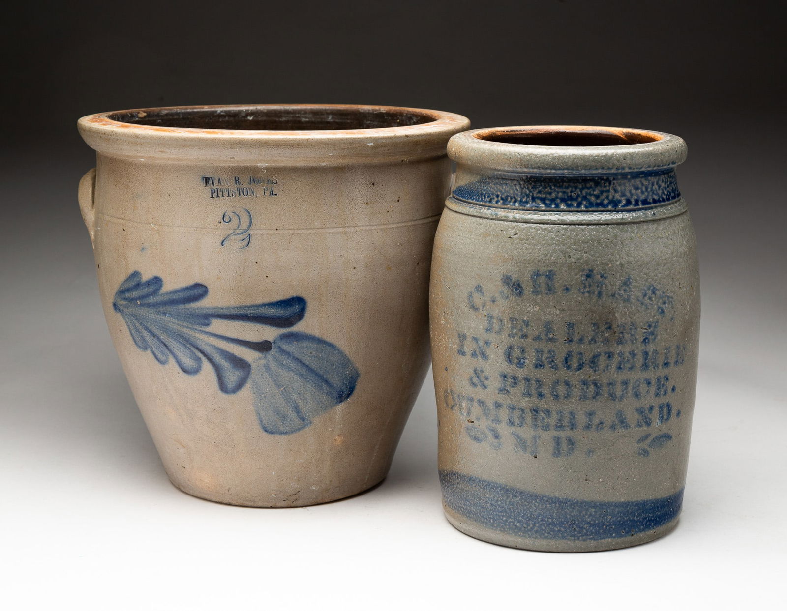 TWO COBALT-DECORATED STONEWARE JARS, INCLUDING EVAN R. JONES (PITTSON, PENNSYLVANIA) AND CUMBERLAND, (1 of 7)