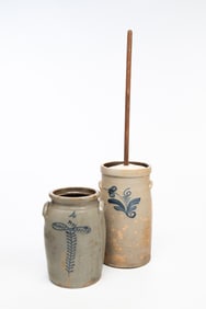 TWO AMERICAN COBALT-DECORATED STONEWARE VESSELS, INCLUDING SIX GALLON CHURN.